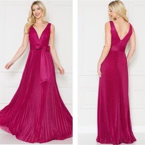Maniju Magenta Sparkle V Neck Pleated Maxi Dress SzMedium